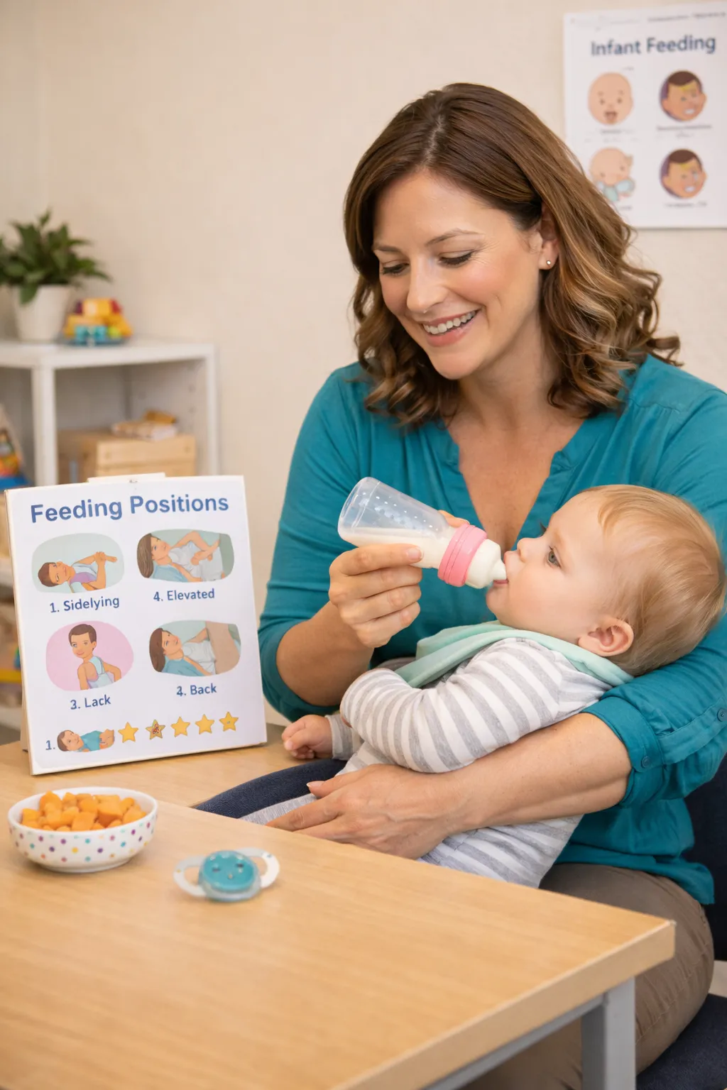An adult supporting a parent and infant during feeding