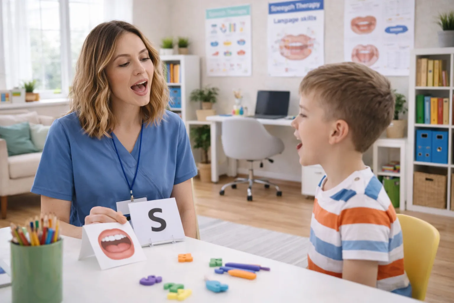An adult and child smiling during a speech activity